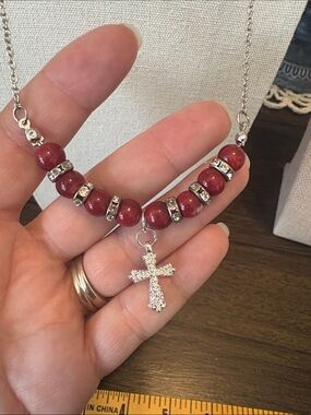 Red Beaded Cross Pendant Necklace - Handmade Upcycled
